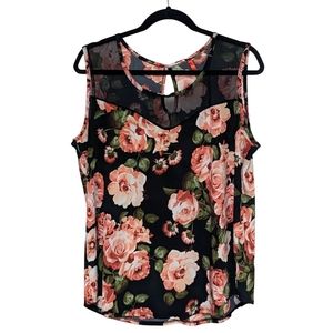 Plus Size Rose Floral Tank Top - Sheer Black Mesh Accent, Pink Roses, Size 1X
